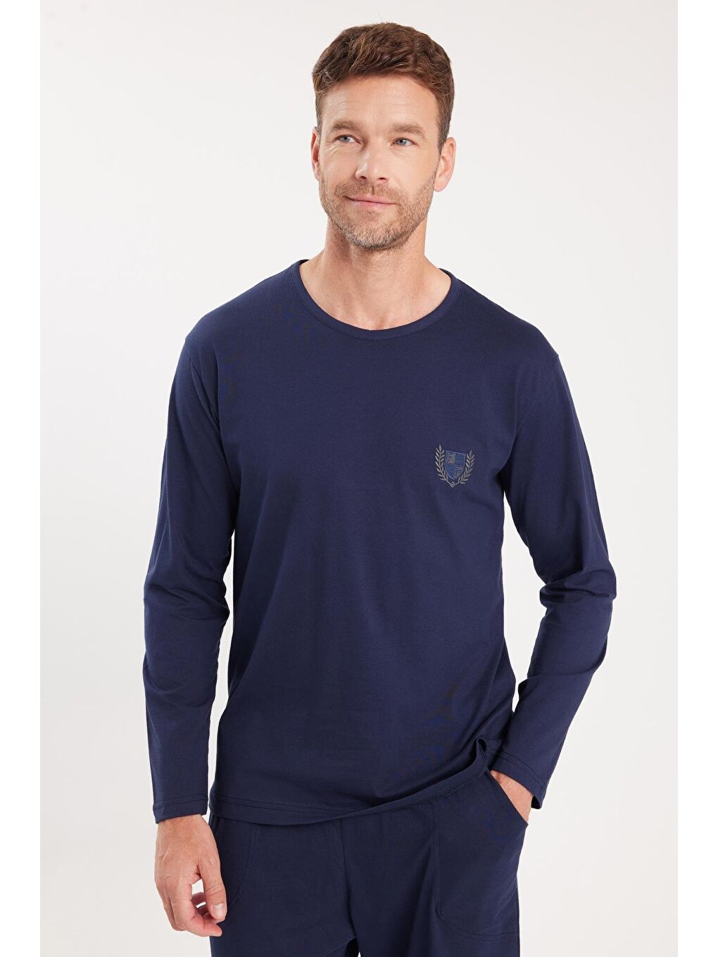 Erkek Standart Fit %100 Pamuk Bisiklet Yaka Beli Lastikli Lacivert Pijama Takımı-1