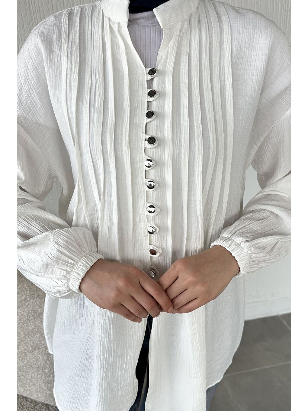 Ekru Düğmeli Tesettür Tunik-6