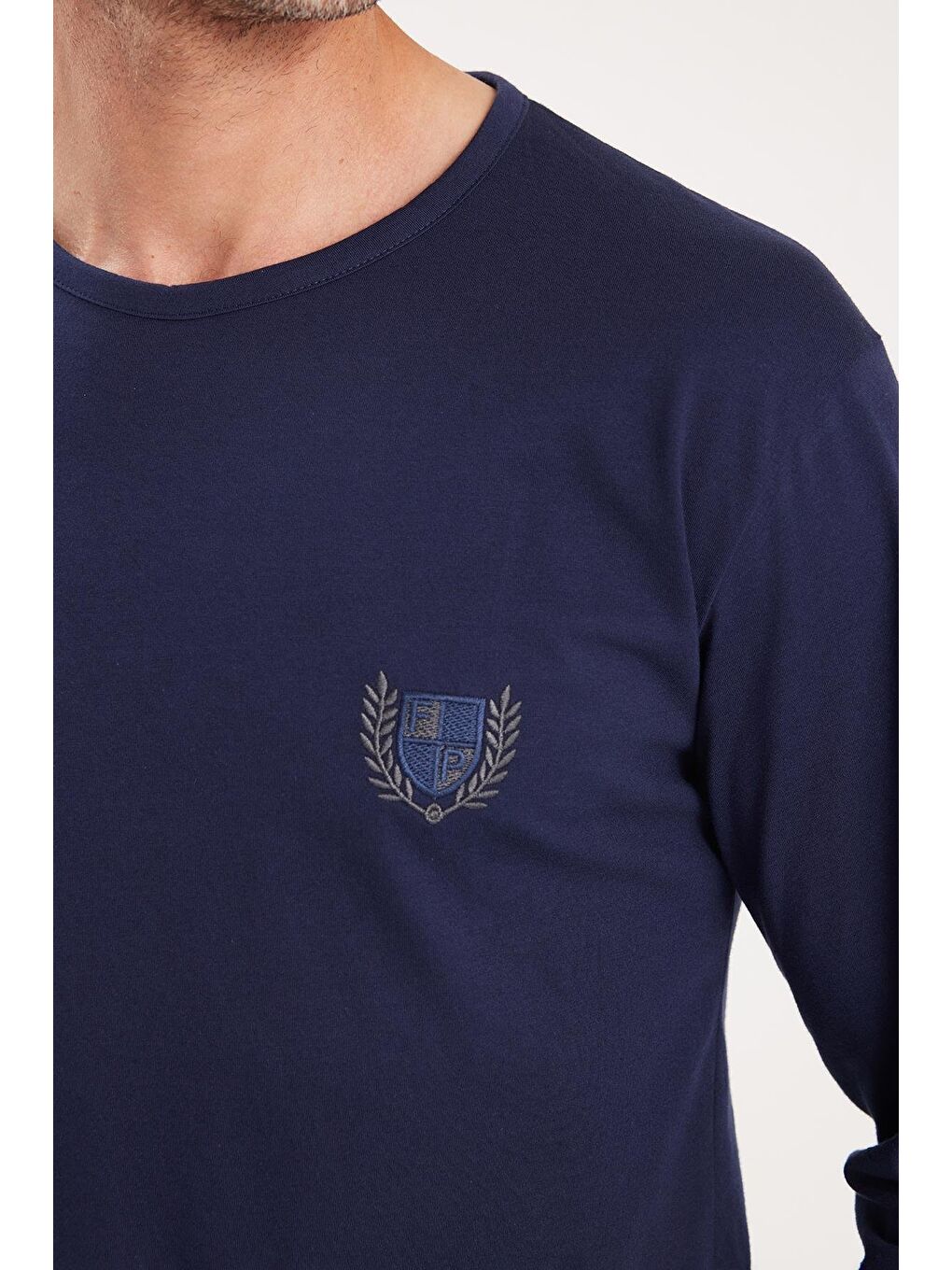 Erkek Standart Fit %100 Pamuk Bisiklet Yaka Beli Lastikli Lacivert Pijama Takımı-2