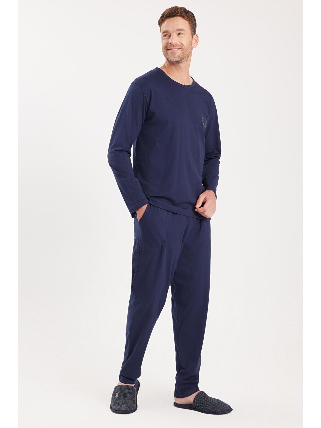 Erkek Standart Fit %100 Pamuk Bisiklet Yaka Beli Lastikli Lacivert Pijama Takımı-3