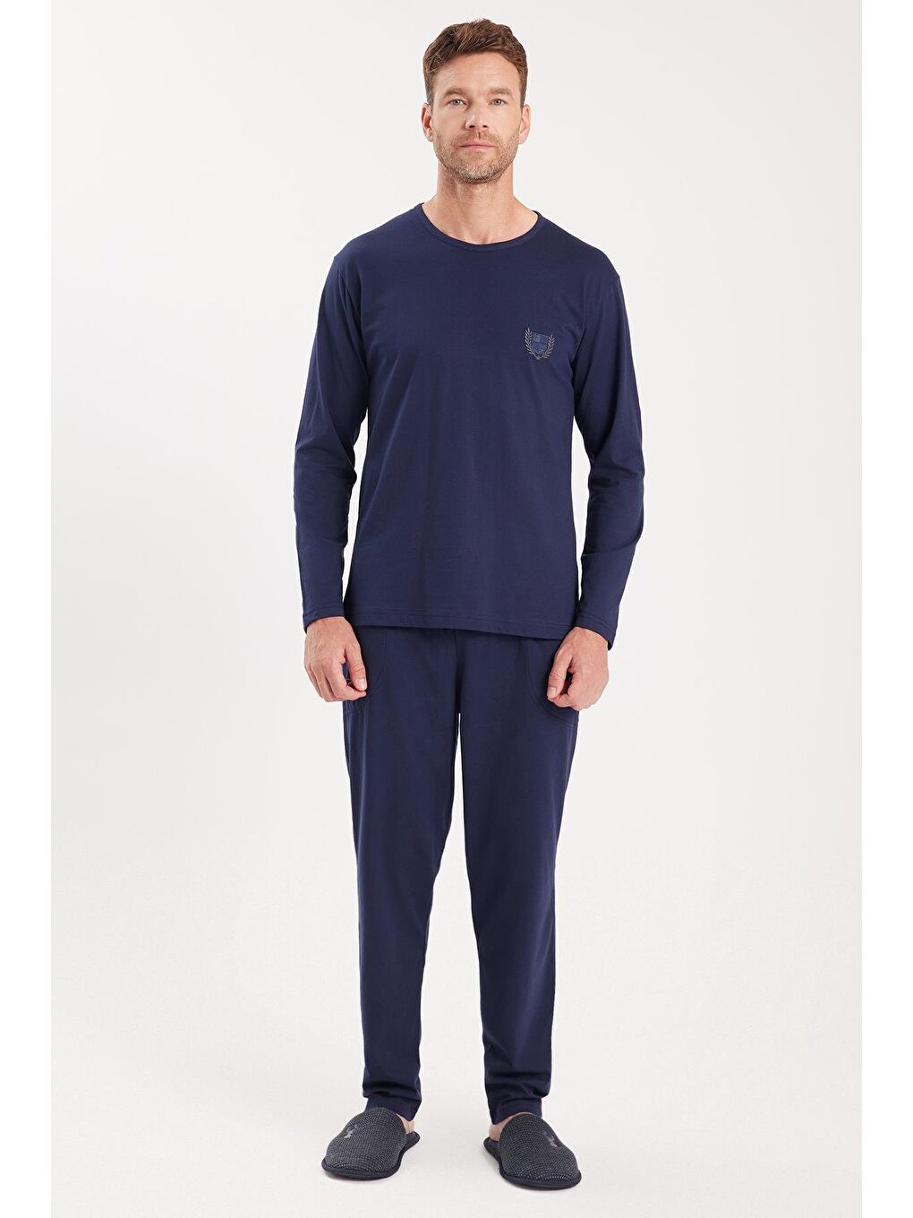 Erkek Standart Fit %100 Pamuk Bisiklet Yaka Beli Lastikli Lacivert Pijama Takımı-4