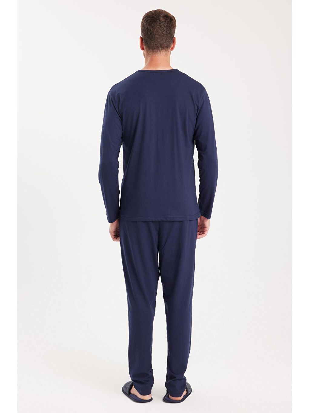 Erkek Standart Fit %100 Pamuk Bisiklet Yaka Beli Lastikli Lacivert Pijama Takımı-6