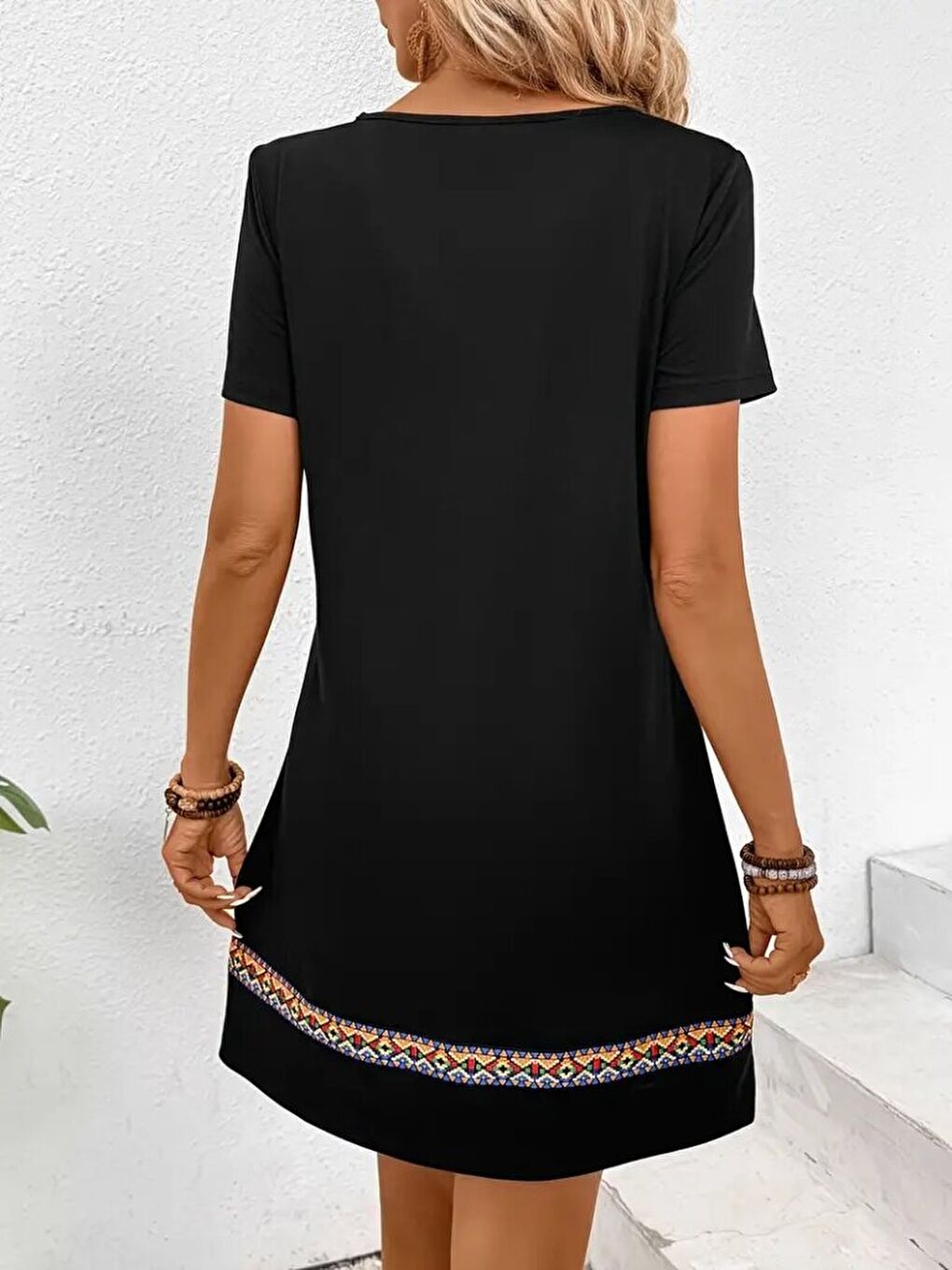 Siyah Kadın Kısa Kollu V Yakalı Etnik Desen şerit Detaylı Viskon Elbise-3