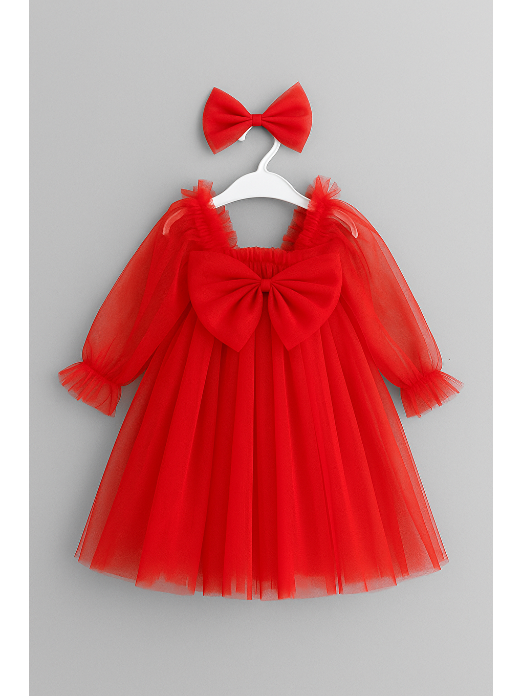 Kız Çocuk Kırmızı Tül Fiyonklu Elbise-2