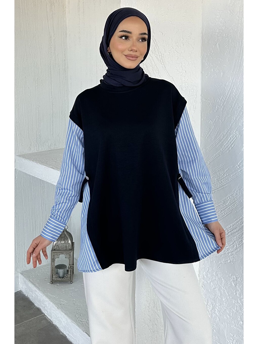 Lacivert Bisiklet Yaka Garnili Tesettür Tunik-2