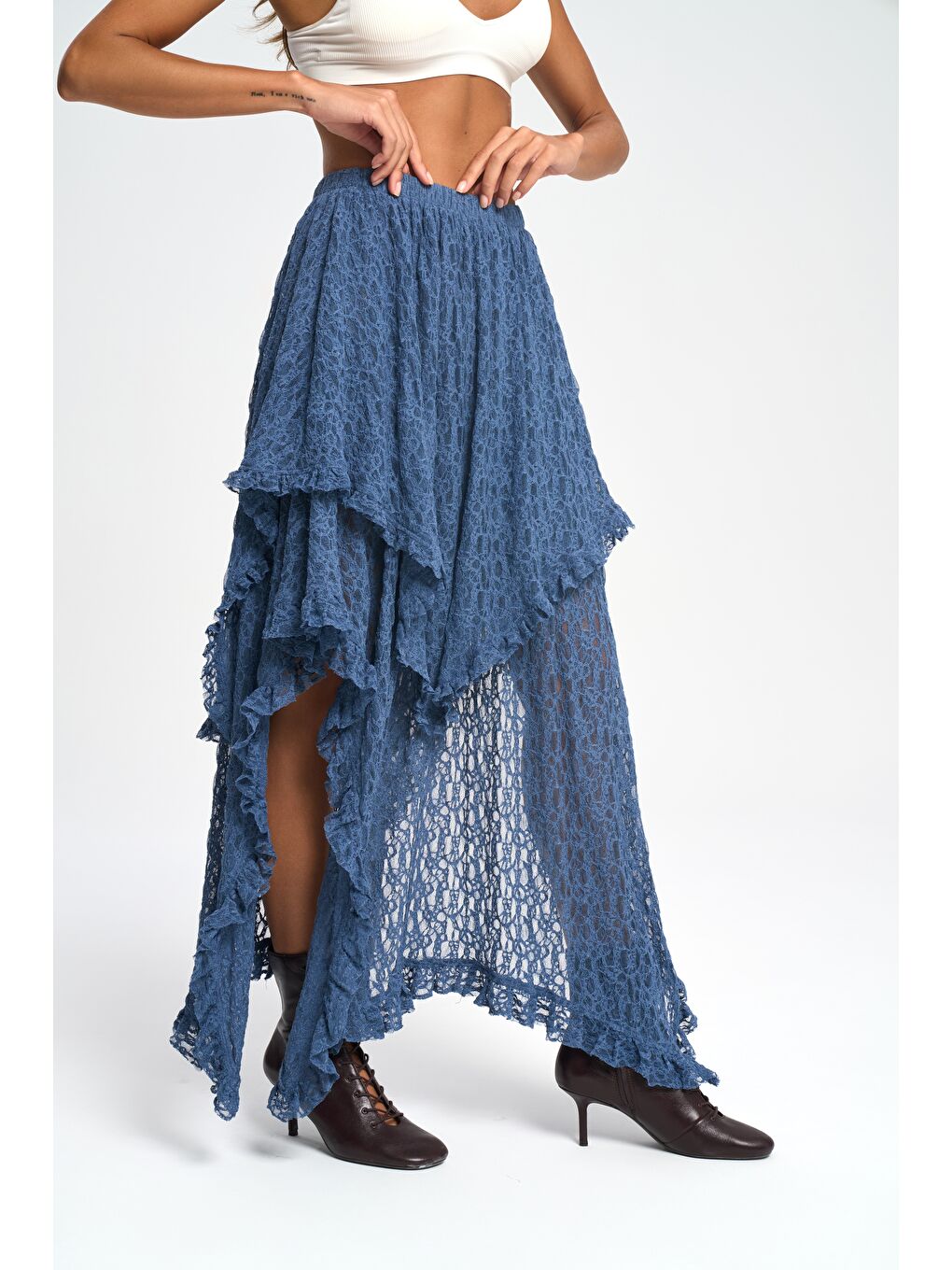 Mireya Asimetrik İndigo Dantel Etek-1