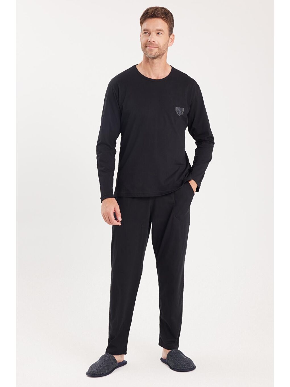 Erkek Standart Fit %100 Pamuk Bisiklet Yaka Beli Lastikli Siyah Pijama Takımı-3