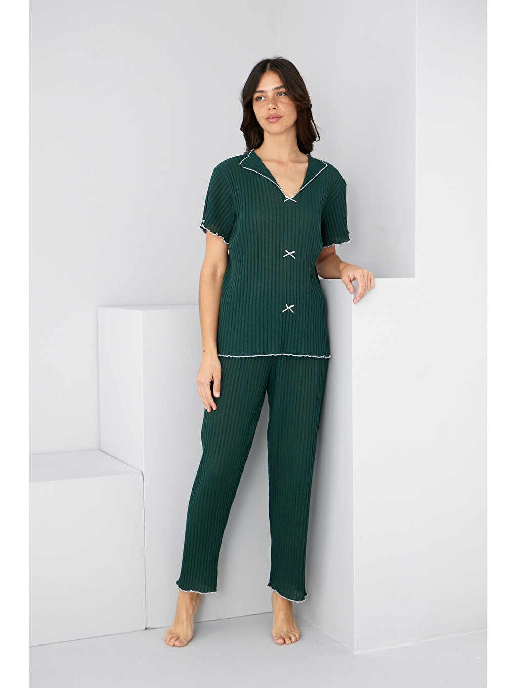 Haki Mevsimlik İnce Fiyonklu Pijama Takım7879-1