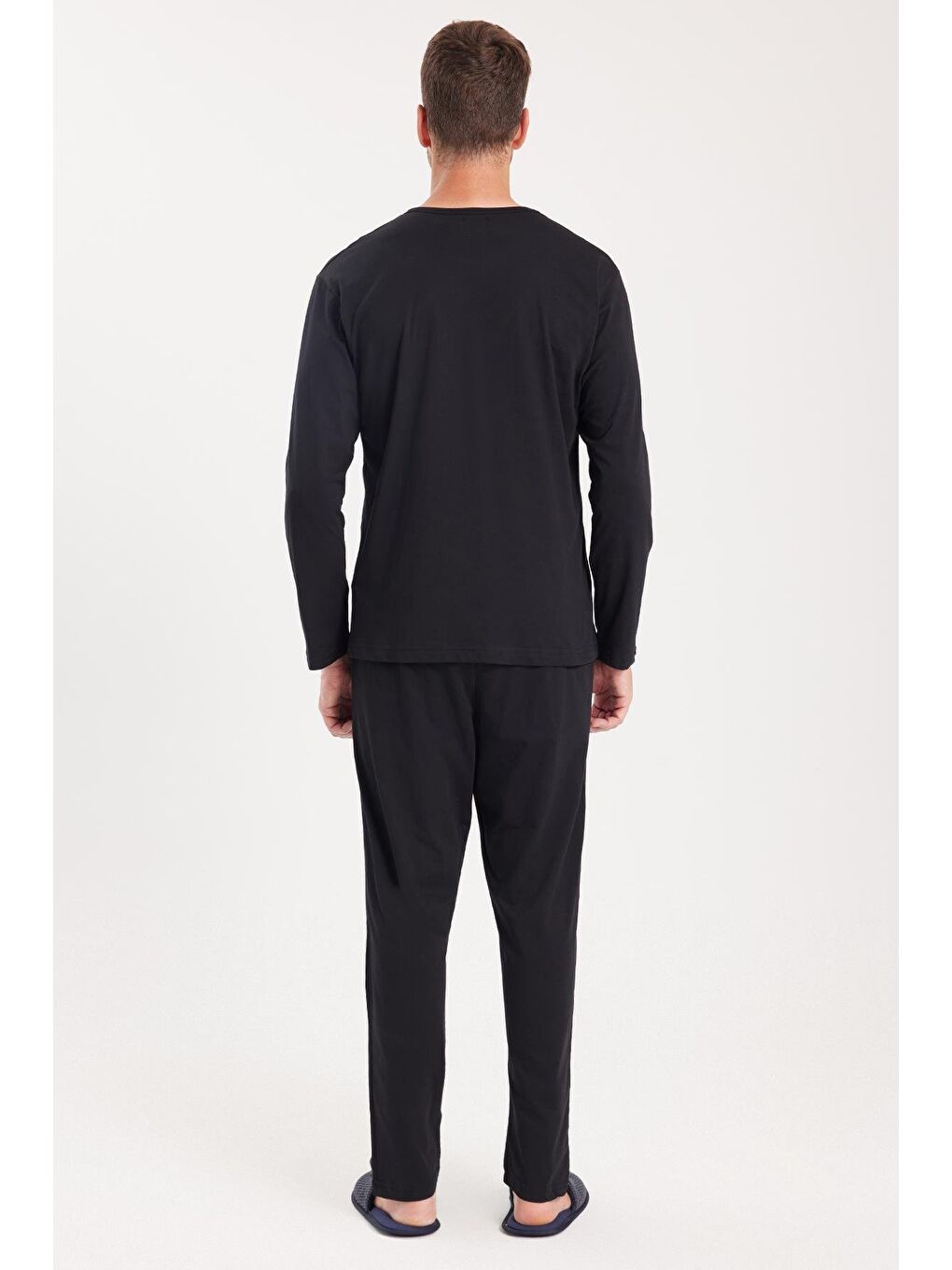 Erkek Standart Fit %100 Pamuk Bisiklet Yaka Beli Lastikli Siyah Pijama Takımı-6