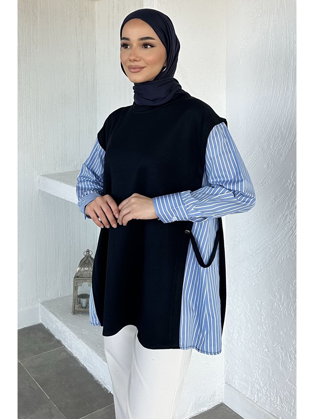 Lacivert Bisiklet Yaka Garnili Tesettür Tunik-5