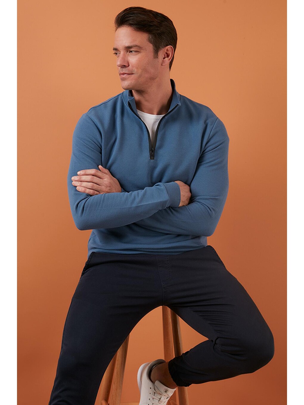 Mavi Pamuklu Slim Fit Yarım Fermuarlı Dik Yaka Sweat Erkek Sweat 5905400
