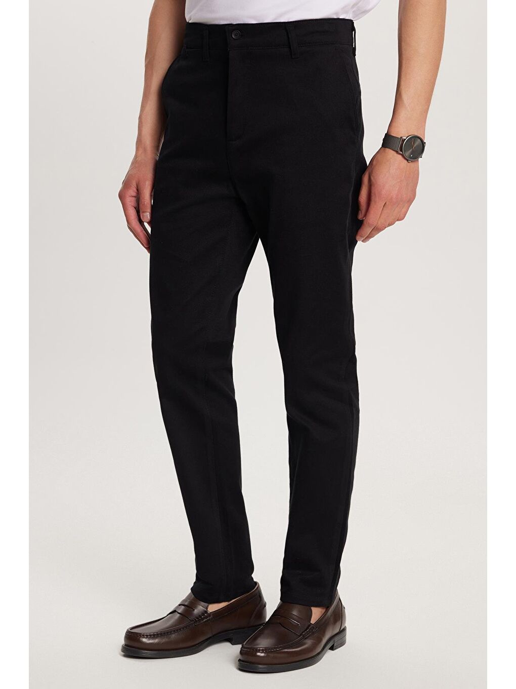 Erkek Slim Fit Chino Esnek Yandan Cepli Önü Fermuarlı Pamuklu Dokulu Siyah Pantolon
