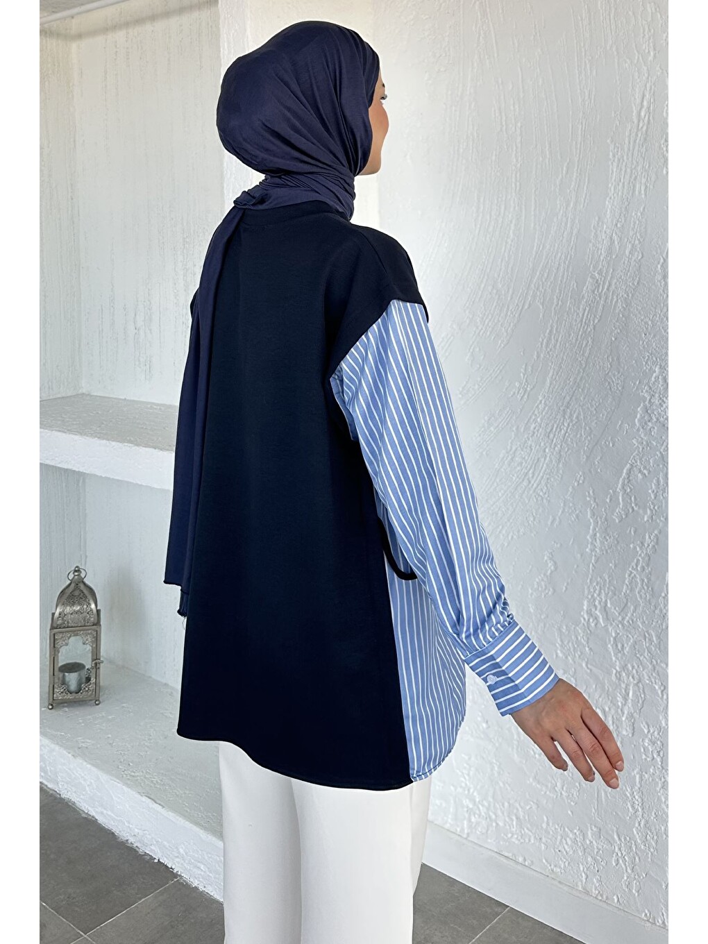 Lacivert Bisiklet Yaka Garnili Tesettür Tunik-7