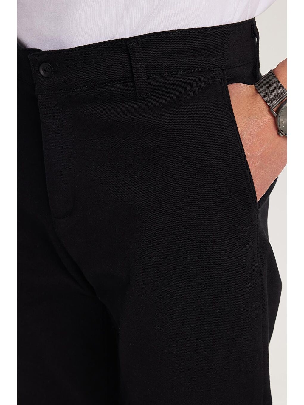 Erkek Slim Fit Chino Esnek Yandan Cepli Önü Fermuarlı Pamuklu Dokulu Siyah Pantolon-1