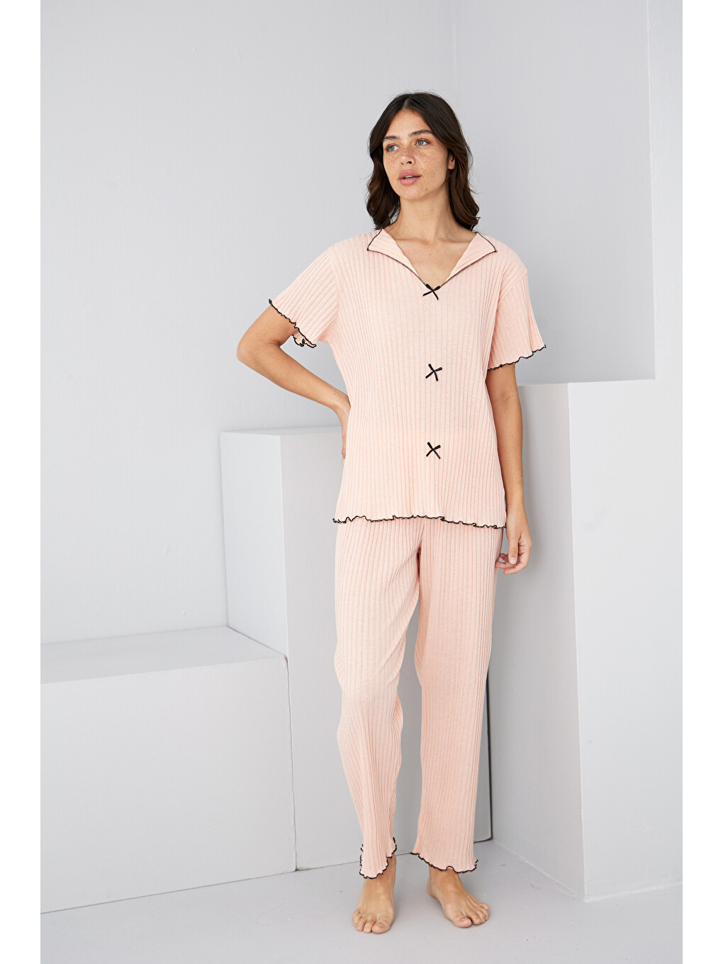 Pembe Somon Mevsimlik İnce Fiyonklu Pijama Takım7879-1