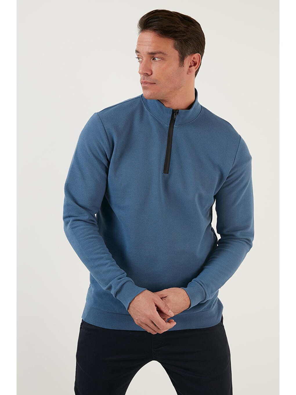 Mavi Pamuklu Slim Fit Yarım Fermuarlı Dik Yaka Sweat Erkek Sweat 5905400-1