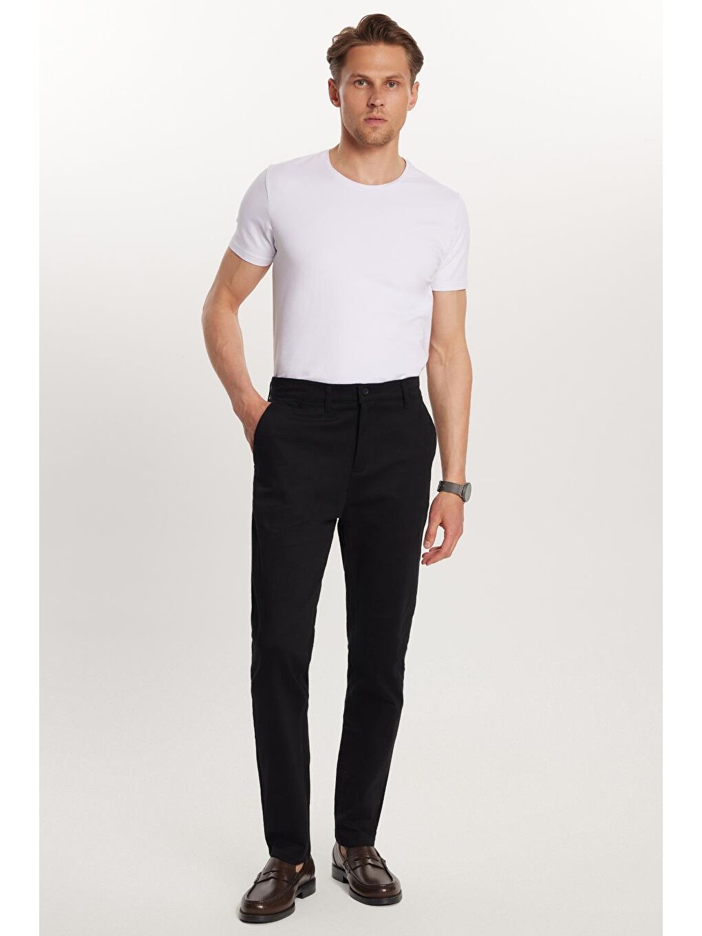 Erkek Slim Fit Chino Esnek Yandan Cepli Önü Fermuarlı Pamuklu Dokulu Siyah Pantolon-3