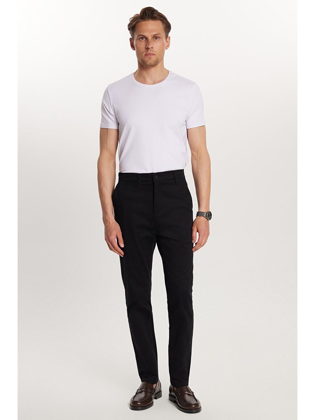 Erkek Slim Fit Chino Esnek Yandan Cepli Önü Fermuarlı Pamuklu Dokulu Siyah Pantolon-4