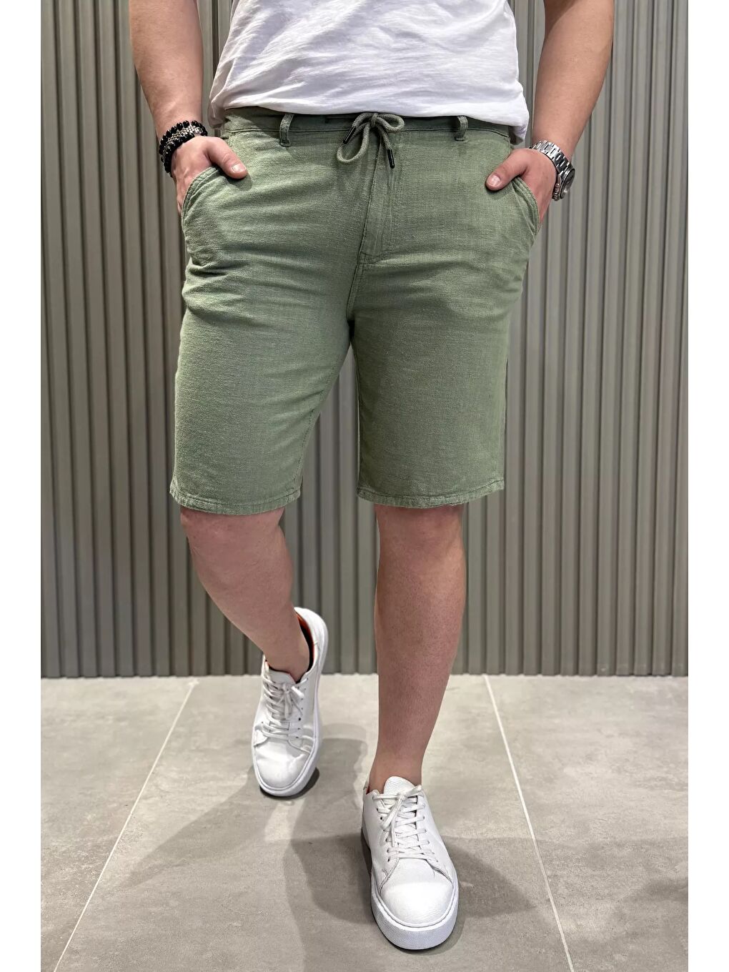 Haki Bel Bağcıklı Erkek Keten Şort