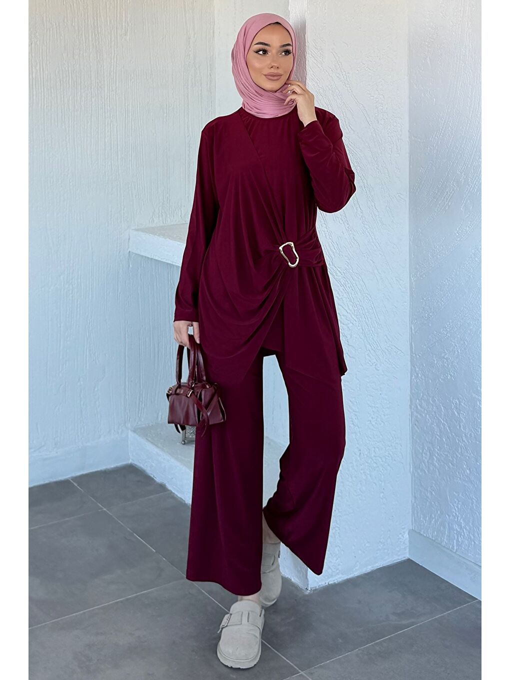 Bordo Bel Lastikli Pantolon Gold Tokalı Tunik Tesettür İkili Takım-4