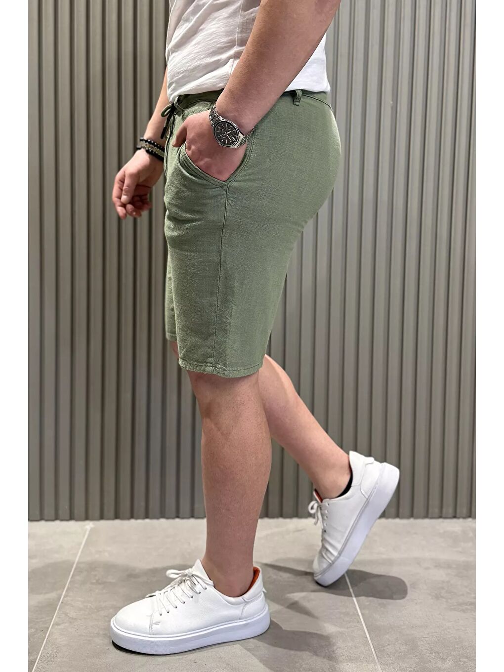 Haki Bel Bağcıklı Erkek Keten Şort-1