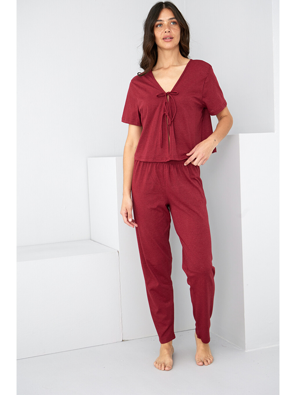 Bordo Bağlamalı Örme Pijama Takım7889-1