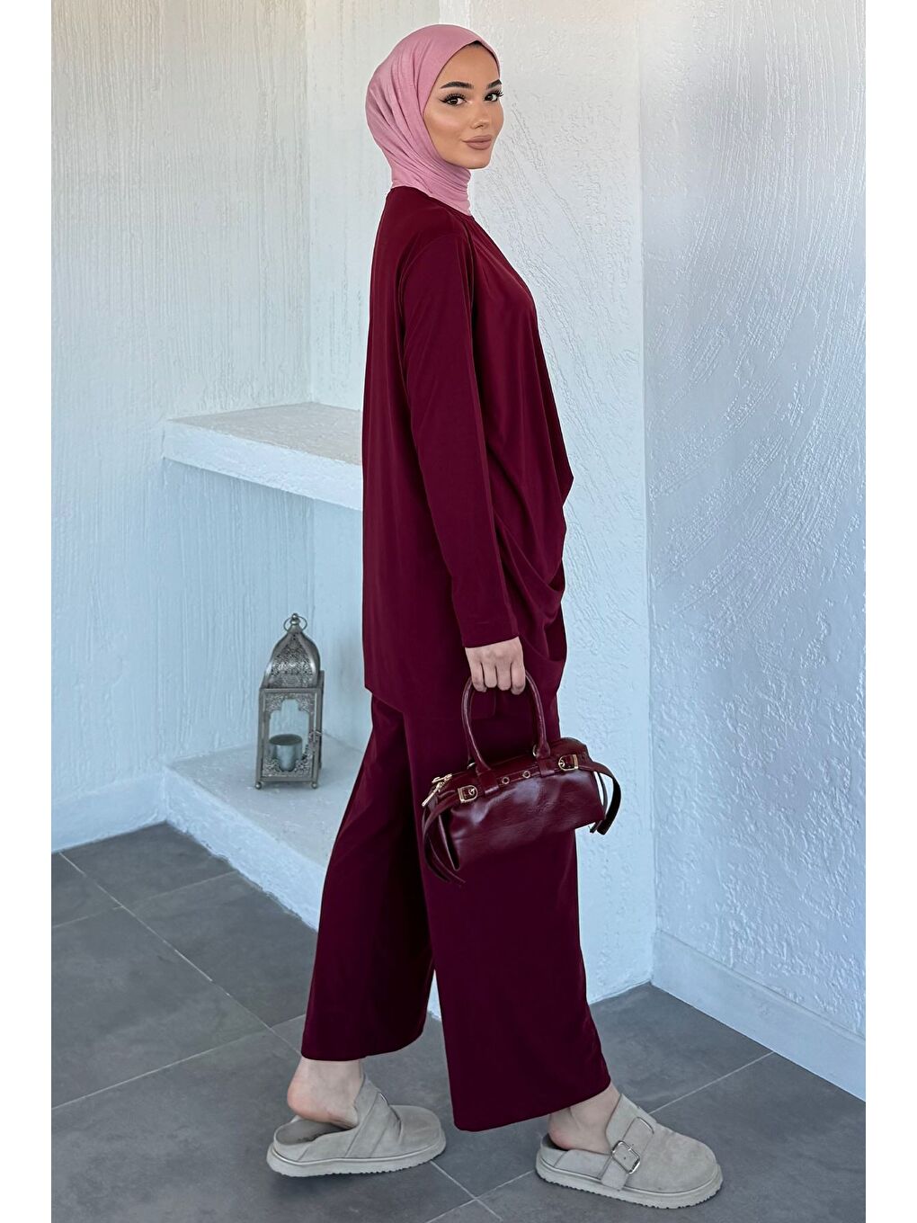 Bordo Bel Lastikli Pantolon Gold Tokalı Tunik Tesettür İkili Takım-6