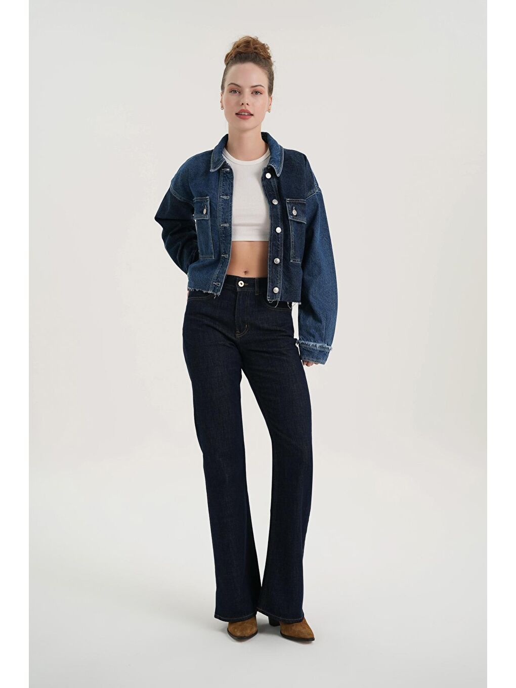 Aurora Koyu Mavi Yüksek Bel Flare Fit Patı Fermuarlı Pantolon Jean C 4528-036