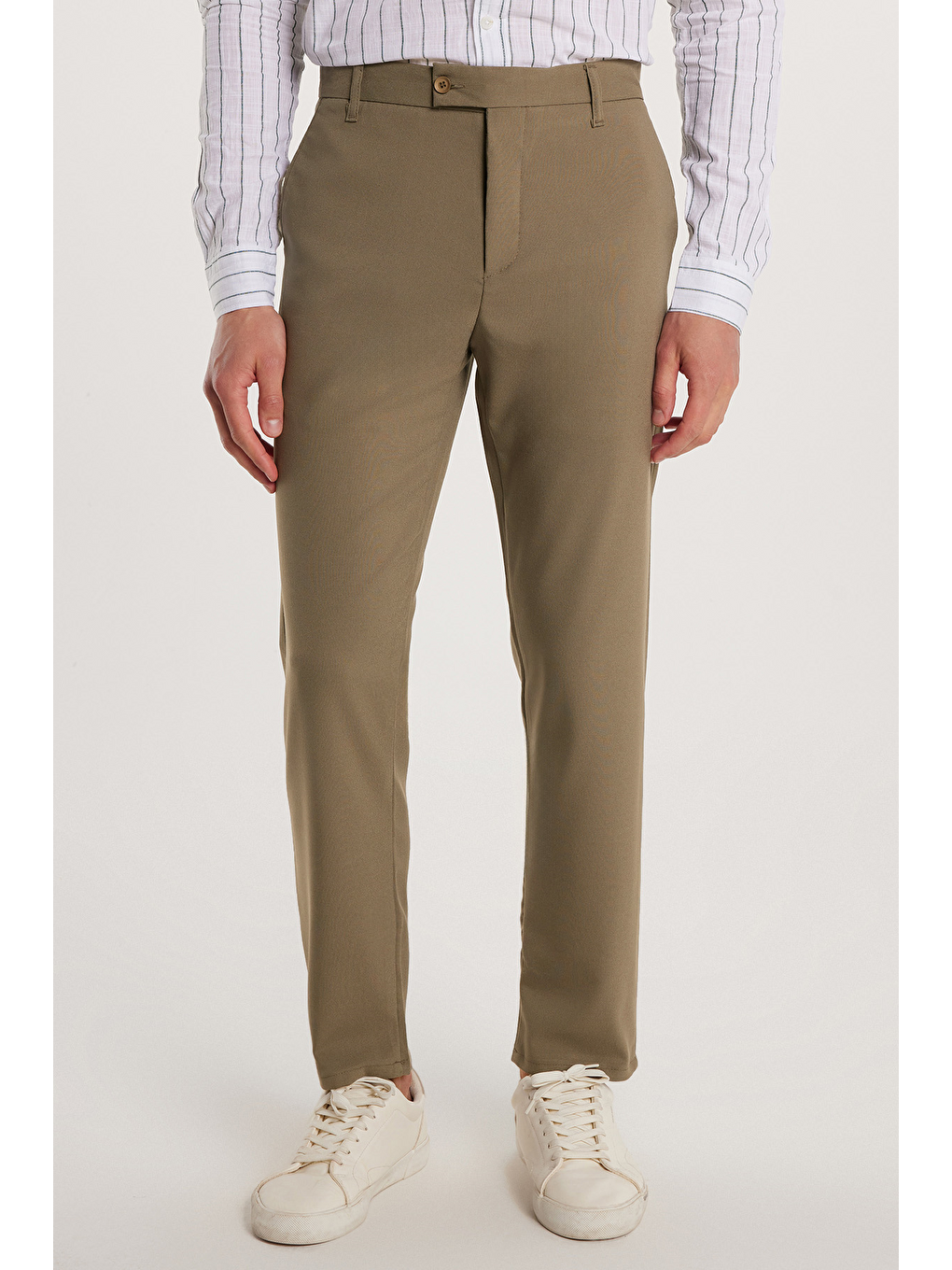 Erkek Slim Fit Dar Kesim Esnek Yan Cepli Bilek Boy Canvas Kesim Açık Haki Pantolon