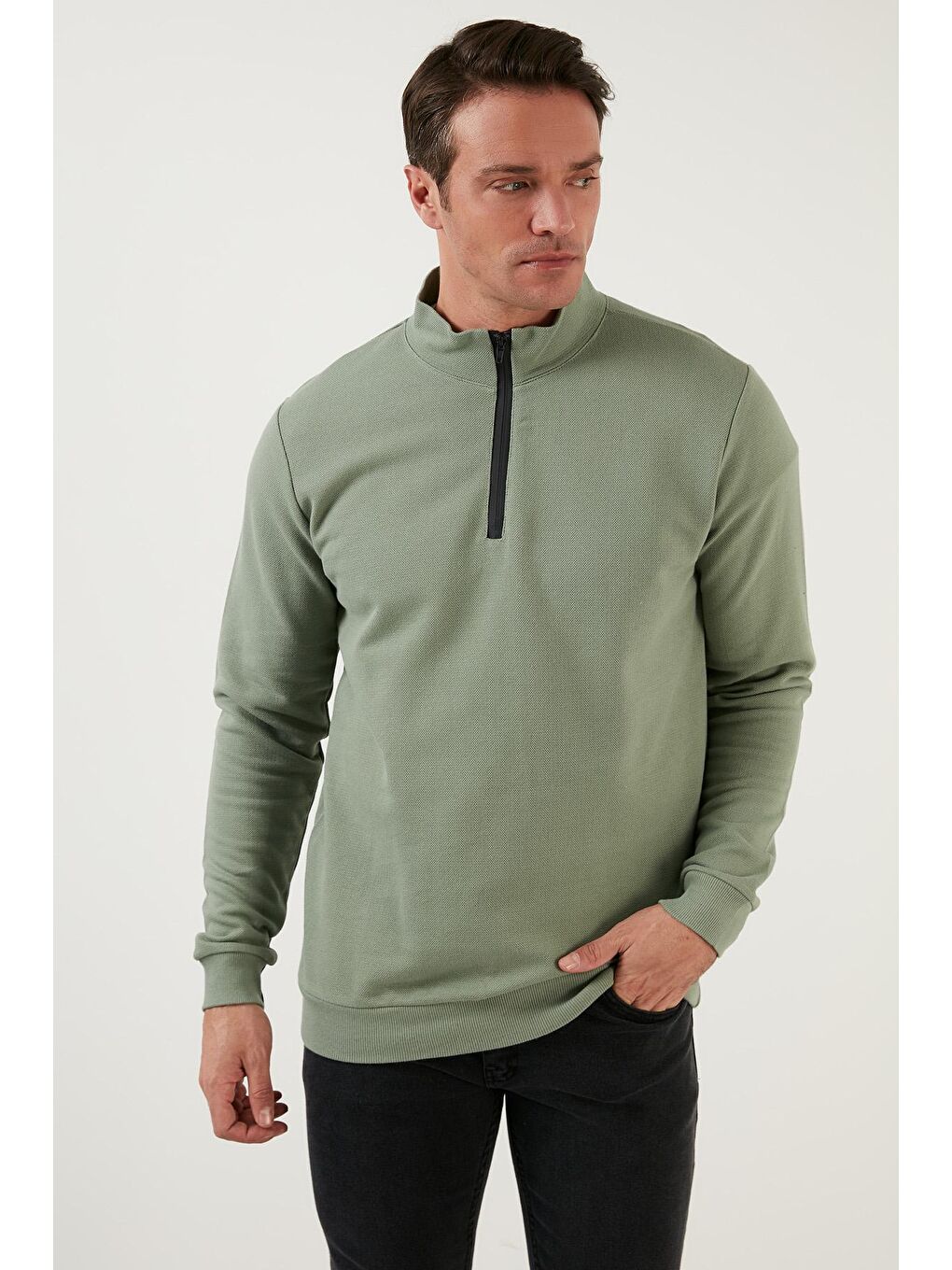 Yeşil Pamuklu Slim Fit Yarım Fermuarlı Dik Yaka Erkek Sweat 5905400-1