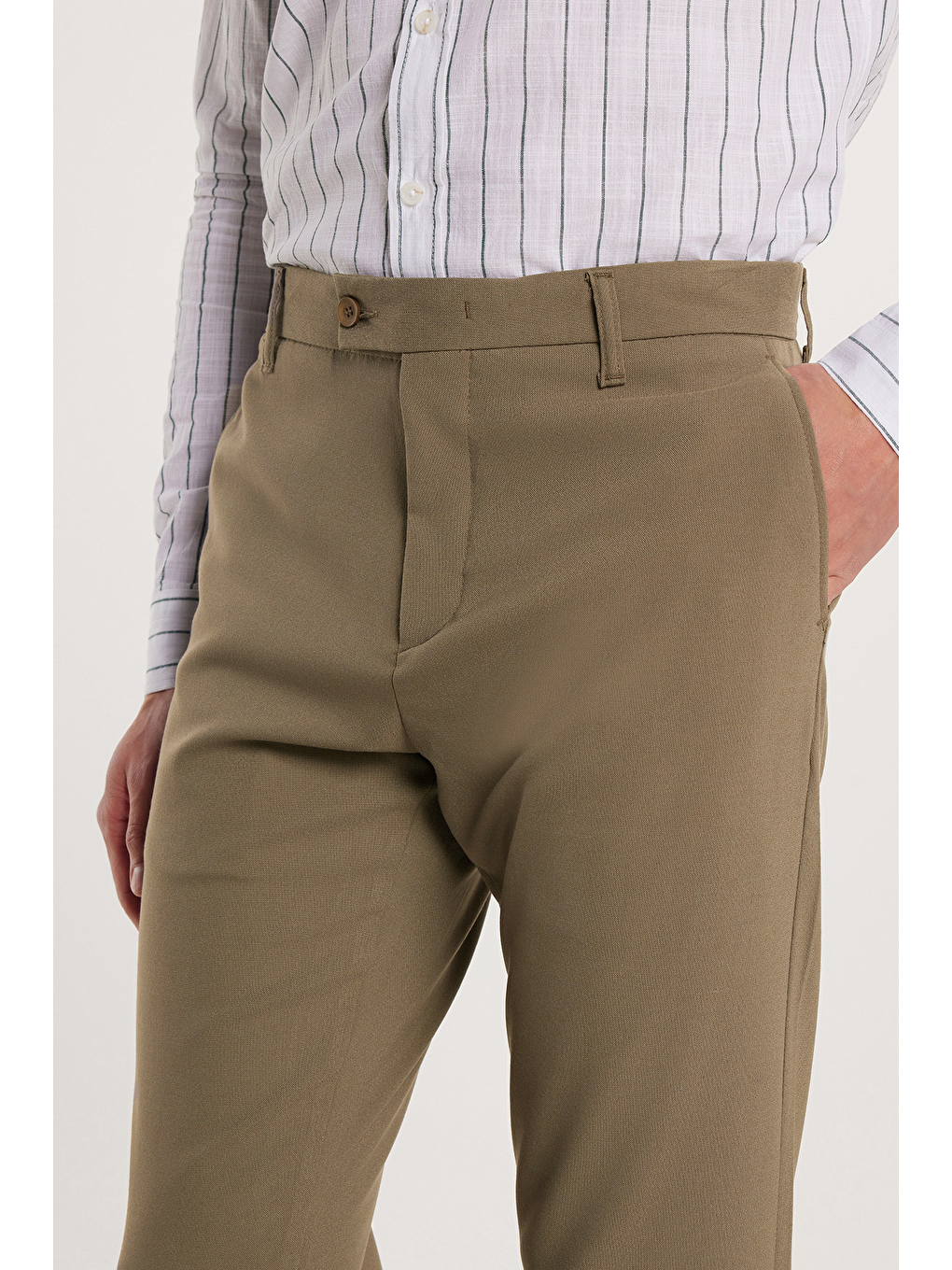 Erkek Slim Fit Dar Kesim Esnek Yan Cepli Bilek Boy Canvas Kesim Açık Haki Pantolon-2