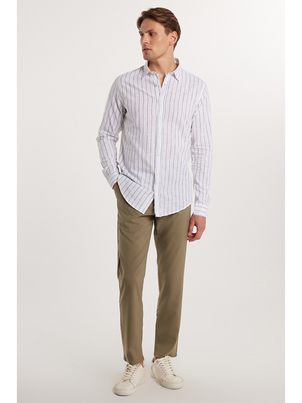 Erkek Slim Fit Dar Kesim Esnek Yan Cepli Bilek Boy Canvas Kesim Açık Haki Pantolon-3