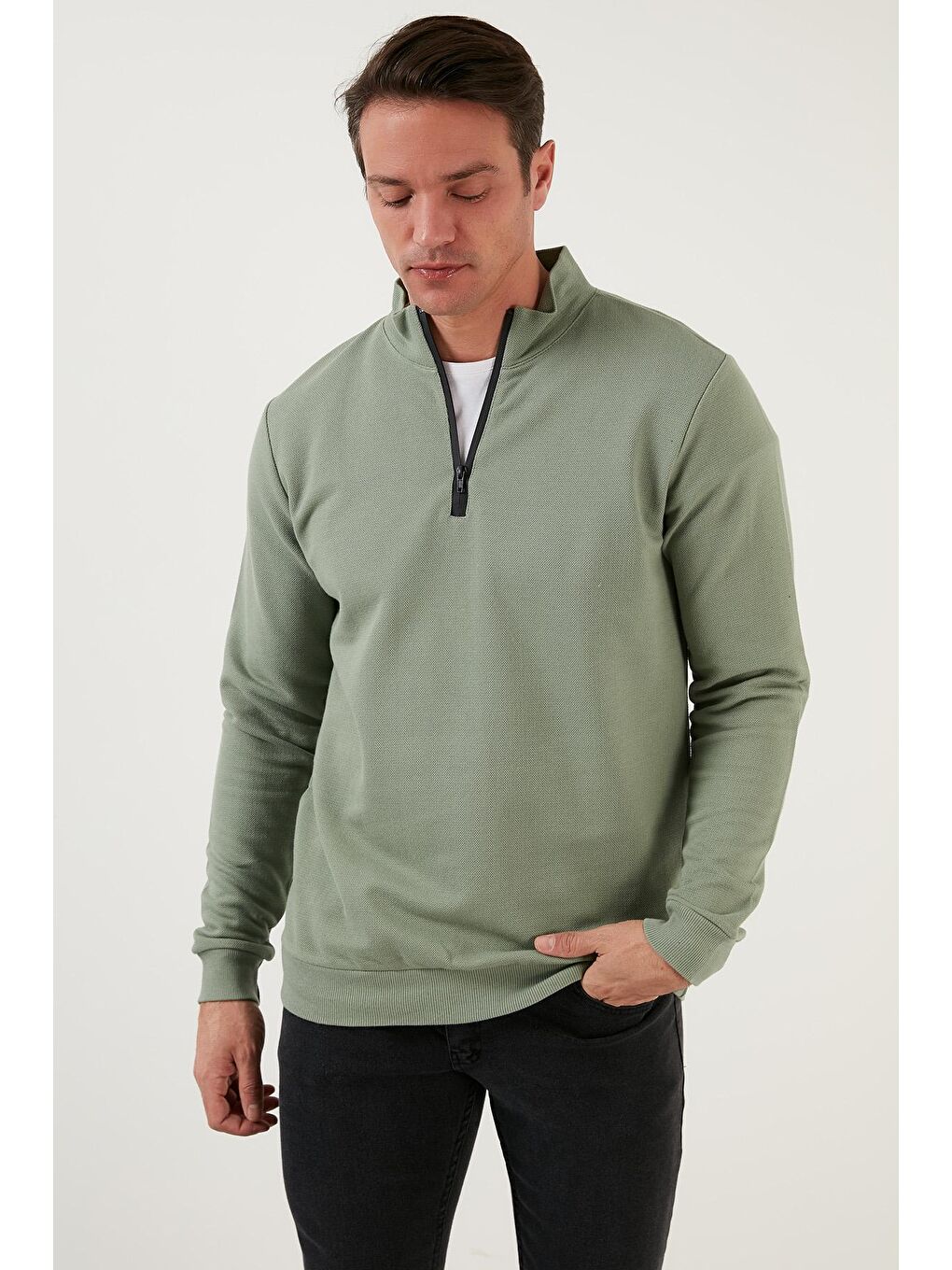 Yeşil Pamuklu Slim Fit Yarım Fermuarlı Dik Yaka Erkek Sweat 5905400-2