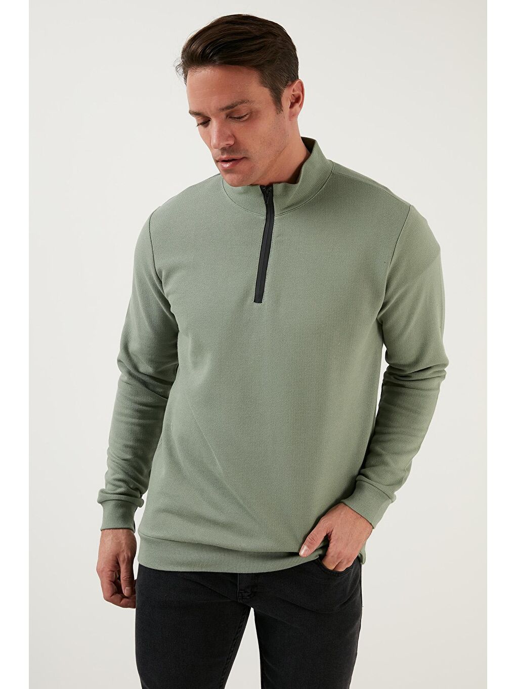 Yeşil Pamuklu Slim Fit Yarım Fermuarlı Dik Yaka Erkek Sweat 5905400-3