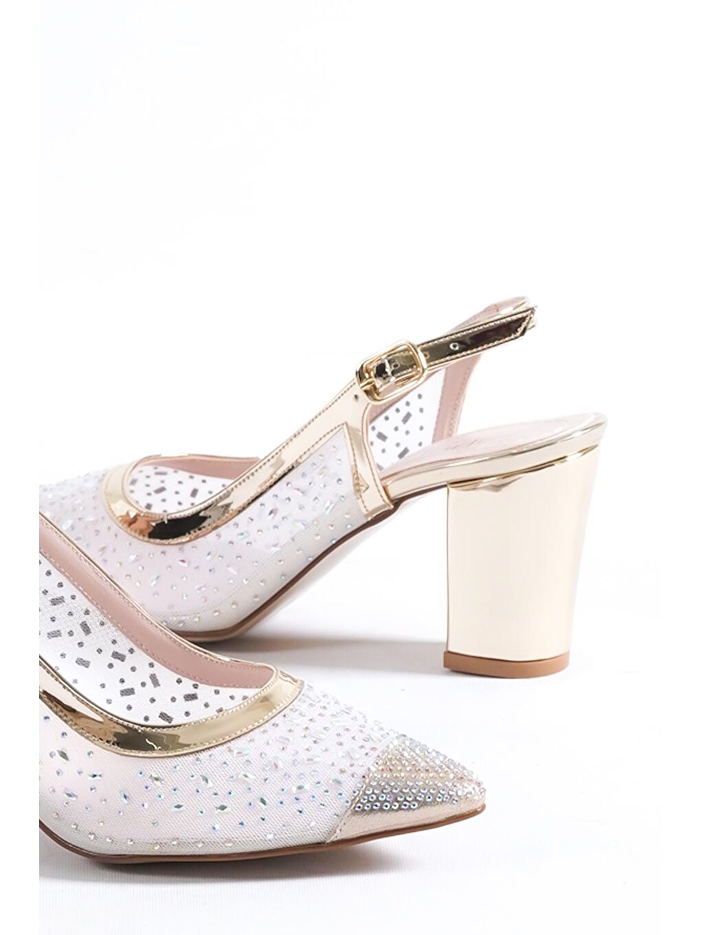 Sarı 145 Kadın Topuklu Taşlı Arkası Açık Ayakkabı-3