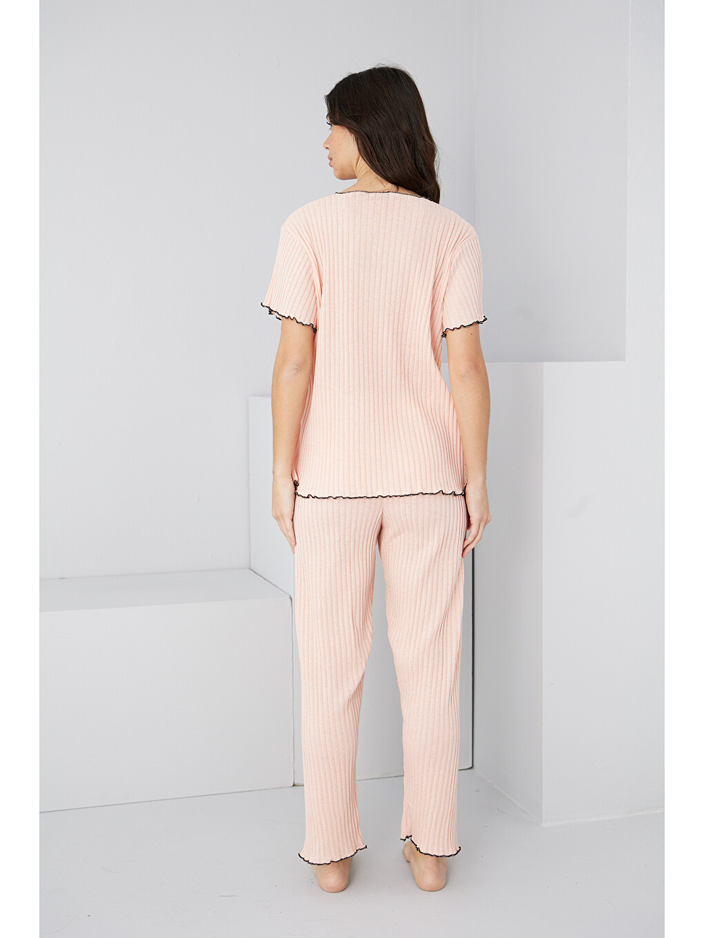Pembe Somon Mevsimlik İnce Fiyonklu Pijama Takım7879-2