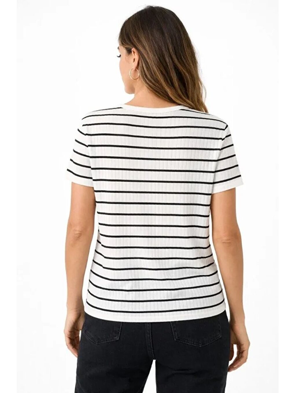 Çizgili Yazlık Triko T-Shirt Bisiklet Yaka Rahat Kalıp Tişört - Beyaz-2