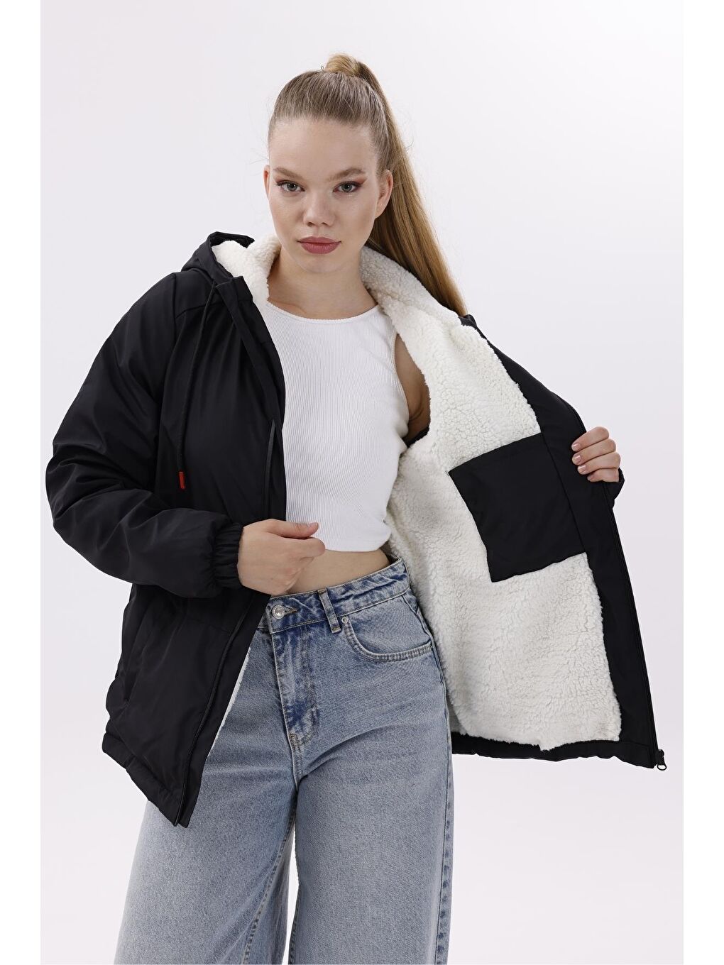 Siyah Kadın Kürklü Su Ve Rüzgar Geçirmez Kapüşonlu Kışlık Mont & Kaban & Parka-1