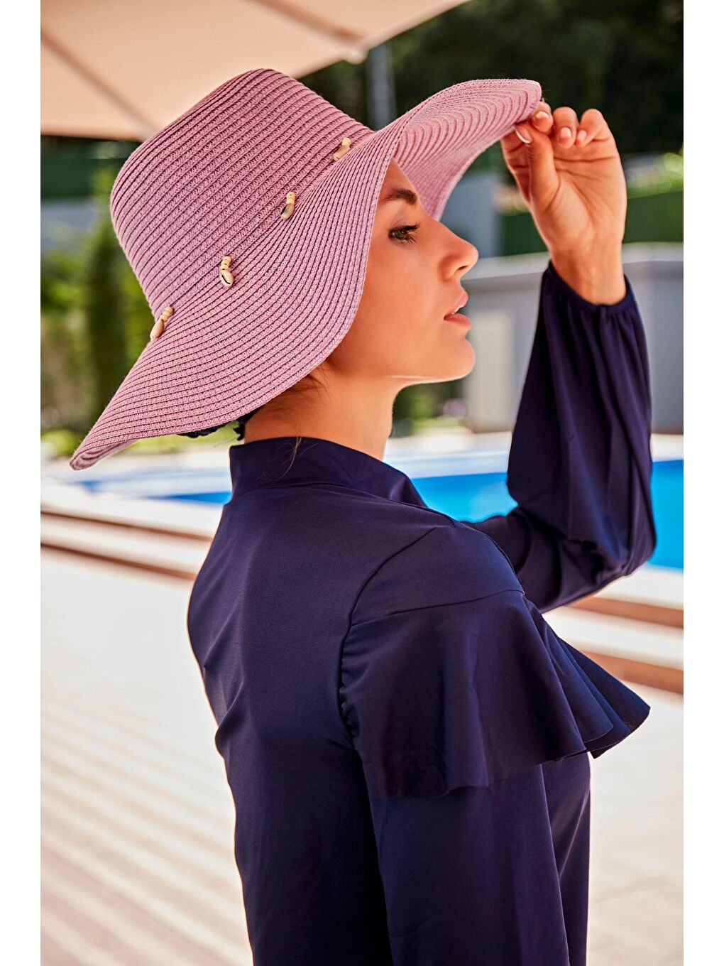 Deniz Kabuğu Lila Geniş Hasır Şapka 142321-1