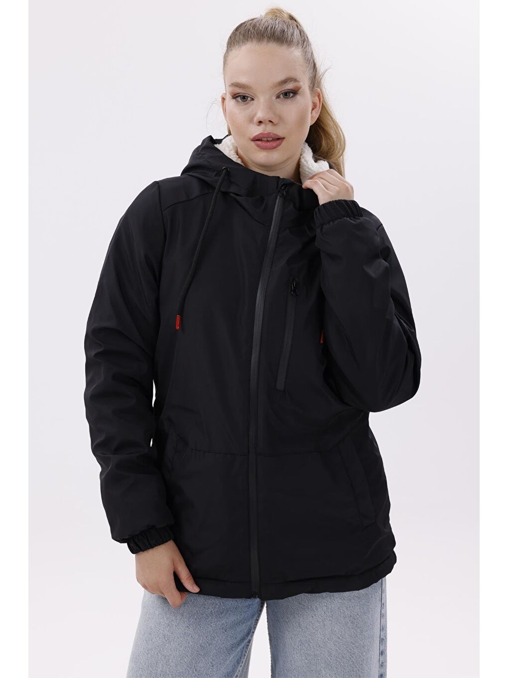 Siyah Kadın Kürklü Su Ve Rüzgar Geçirmez Kapüşonlu Kışlık Mont & Kaban & Parka-2