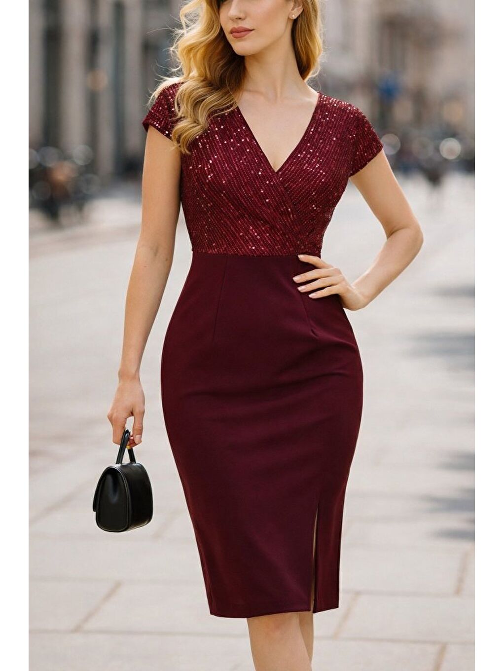 Bordo Kadın Kısa Kollu Kruvaze Yakalı ışıltı Detaylı Midi Ithal Krep Elbise