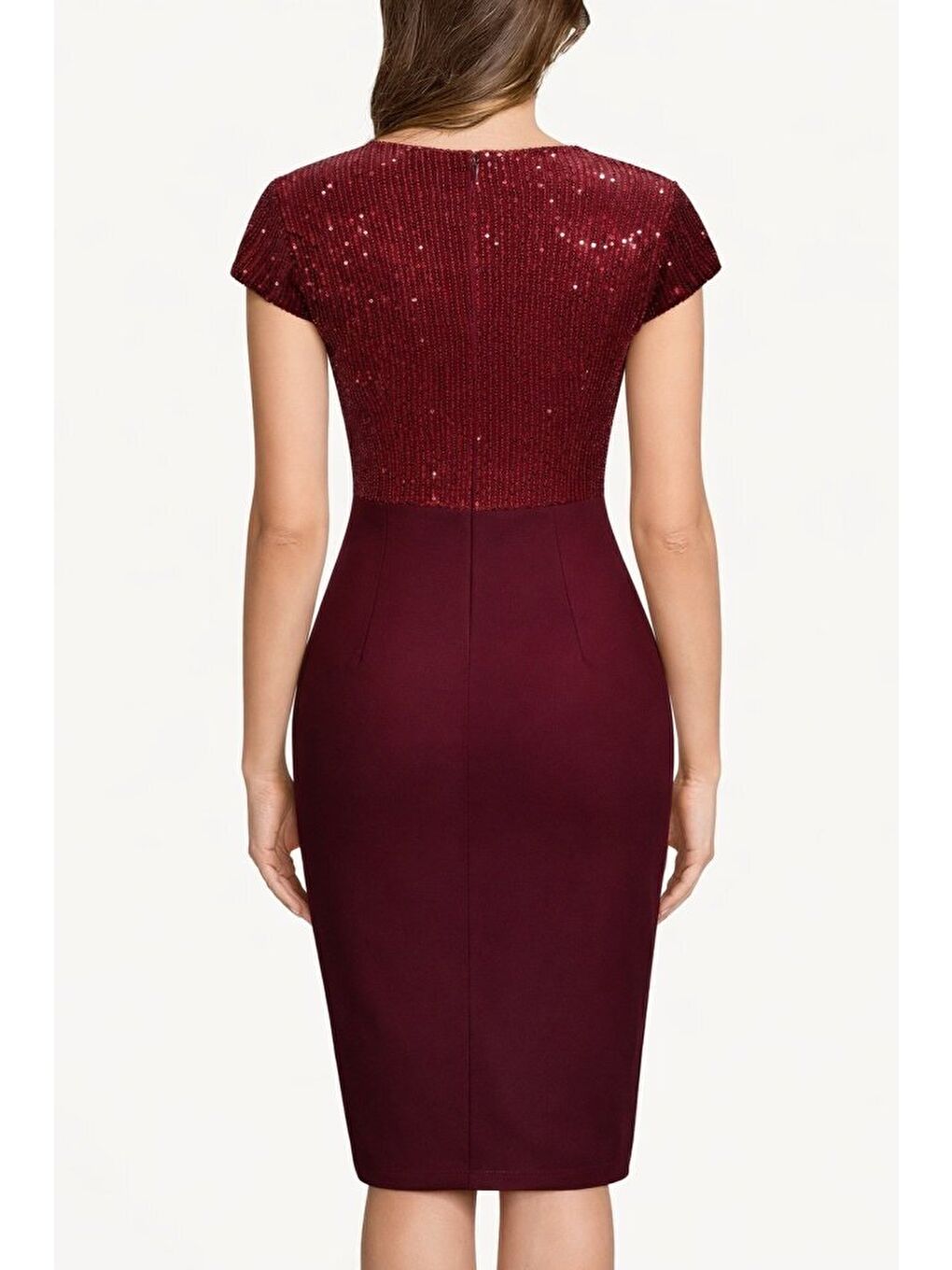 Bordo Kadın Kısa Kollu Kruvaze Yakalı ışıltı Detaylı Midi Ithal Krep Elbise-1