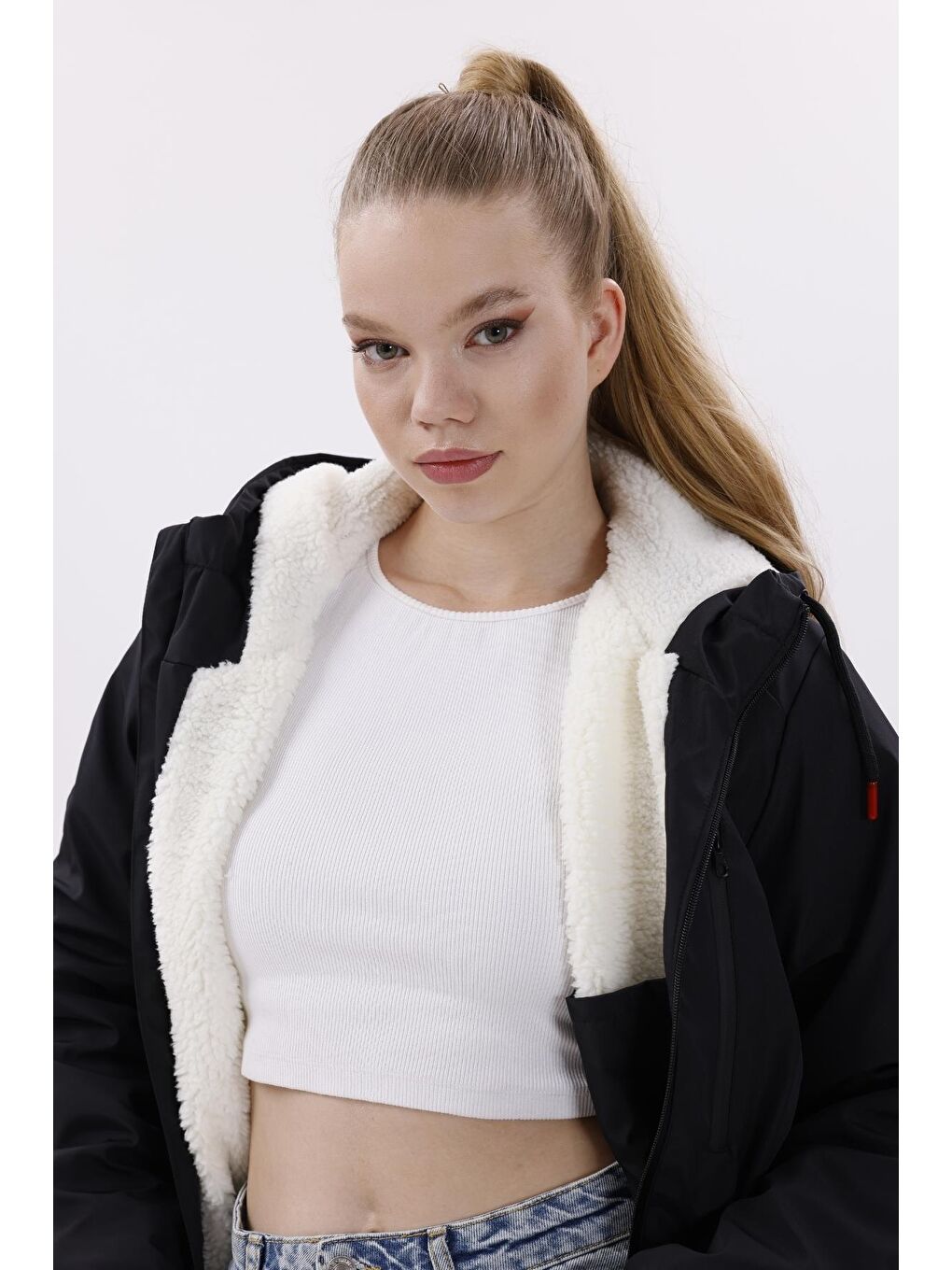 Siyah Kadın Kürklü Su Ve Rüzgar Geçirmez Kapüşonlu Kışlık Mont & Kaban & Parka-3