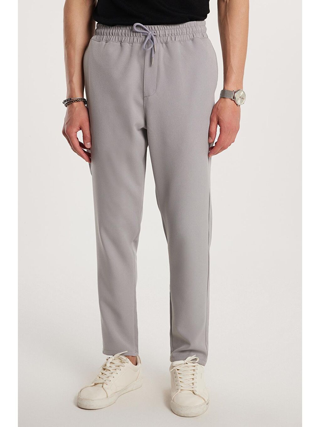 Erkek Regular Fit Beli Lastikli Bağcıklı Jogger Gri Pantolon Rahat Kesim Yan Cepli