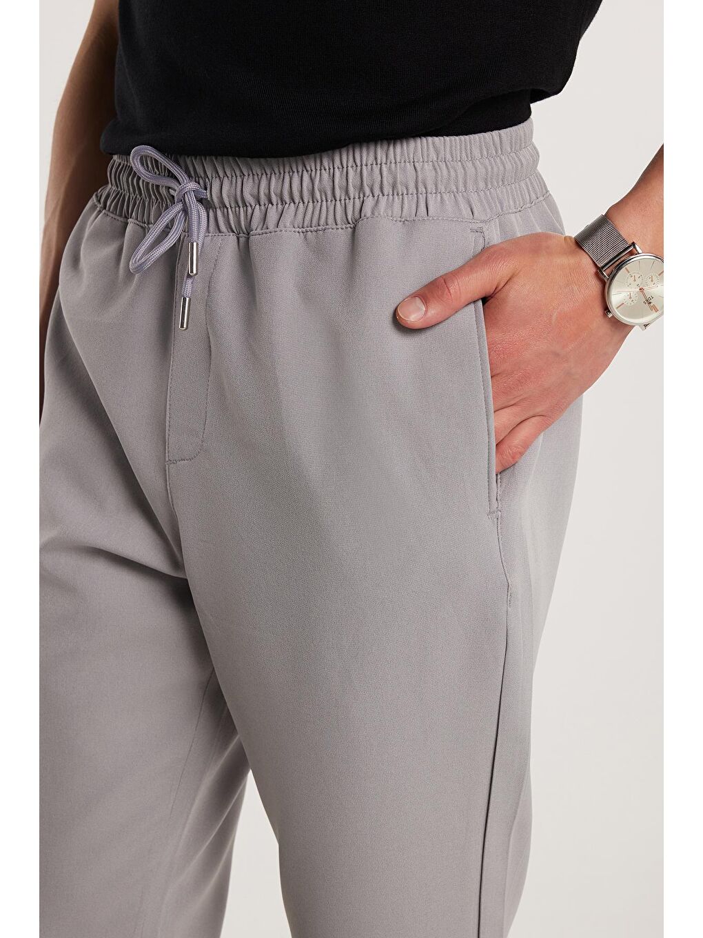 Erkek Regular Fit Beli Lastikli Bağcıklı Jogger Gri Pantolon Rahat Kesim Yan Cepli-1