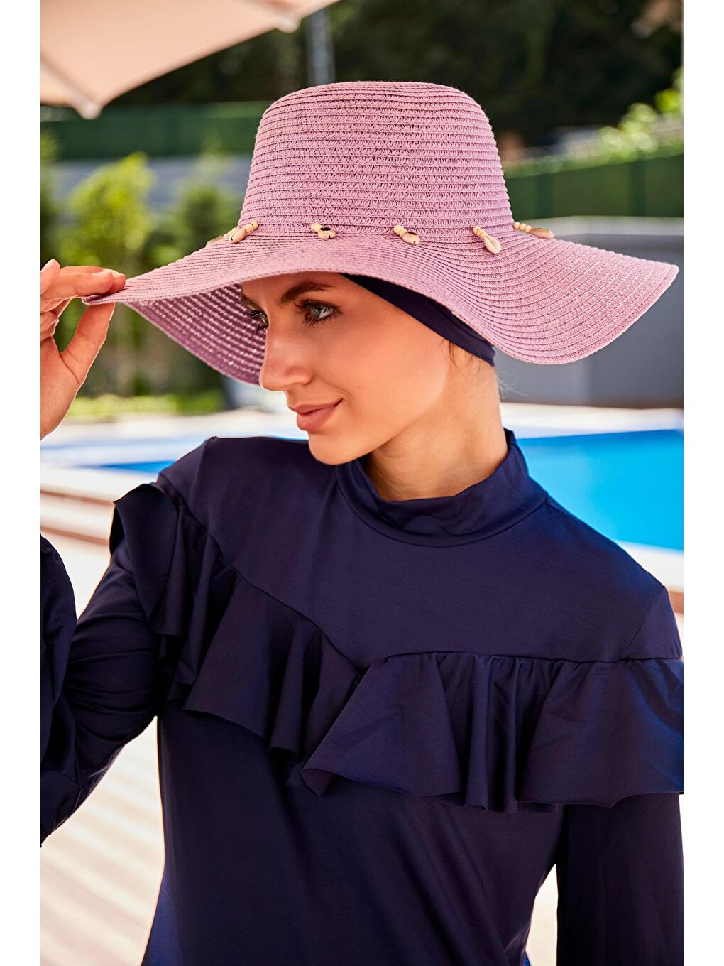 Deniz Kabuğu Lila Geniş Hasır Şapka 142321-2