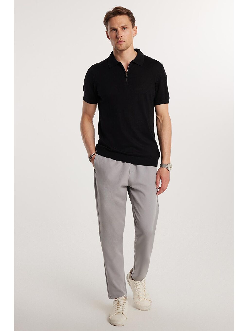 Erkek Regular Fit Beli Lastikli Bağcıklı Jogger Gri Pantolon Rahat Kesim Yan Cepli-4