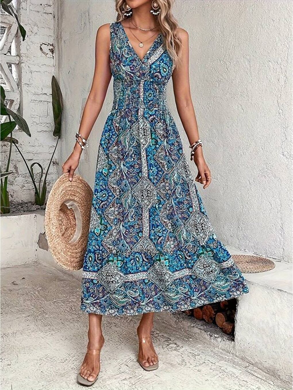 Mavi Kadın Beli Gipeli Etnik Desen Sıfır Kol Süprem Elbise-3