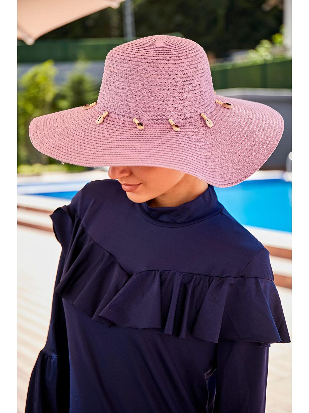 Deniz Kabuğu Lila Geniş Hasır Şapka 142321-3