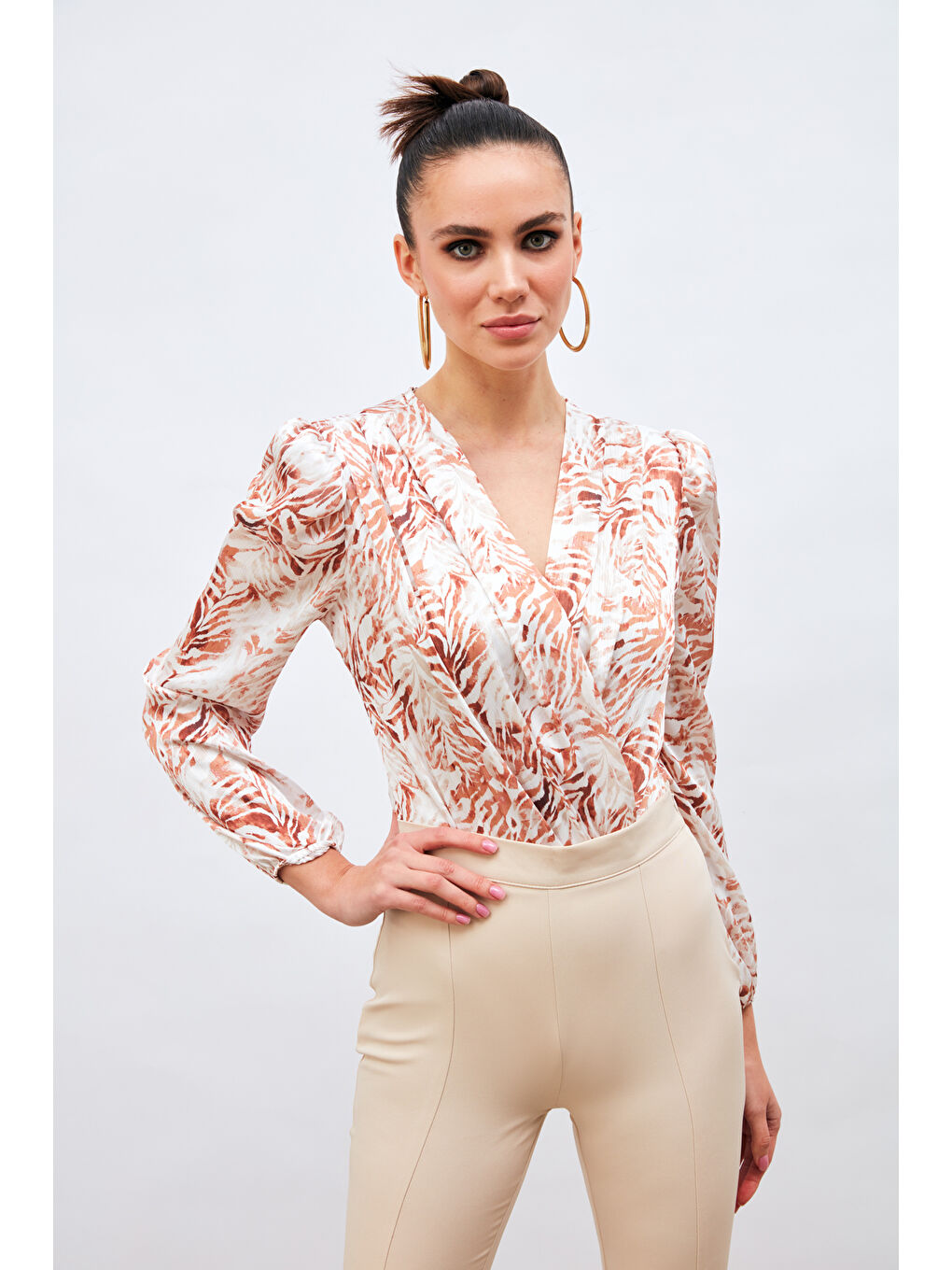 SATEEN Kahverengi Kruvaze Desenli Bodysuit - Kahve - 1